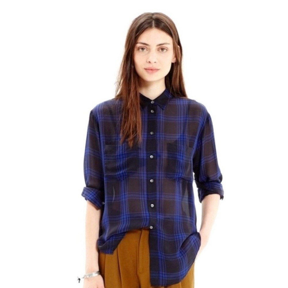 Madewell Sheer Black Blue Plaid Blouse Oversized Size XXS 100% Silk
